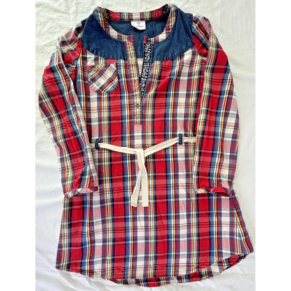 Hanna Andersson Girls Red Plaid Dress Size 150 US 12 Long Sleeve Christmas Denim - Picture 2 of 6